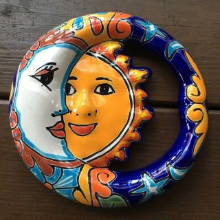 Sun & Moon Eclipse - Mexican Talavera Pottery Sun Moon Ceramic - Folk Art - 8”