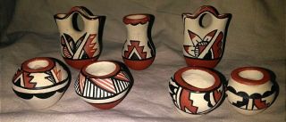 Seven Wonderful Jemez Pottery Minatures Signed Bowl Vase And Wedding Vase
