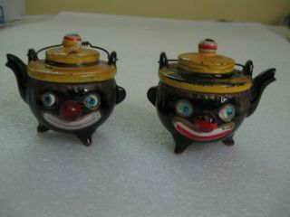 Vintage Clown Black Americana Tea Pot Salt & Pepper Shakers Japan