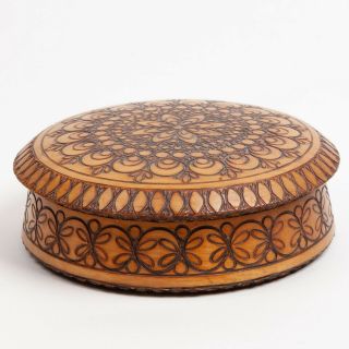 Zakopane Poland Hand Carved Round Wooden Box Jewelry Trinket Decorative
