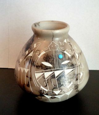 Navajo Native American Horse Hair Large Size Vase Signed With Turquoise