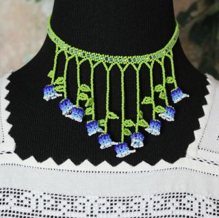 Blue & Lime Huichol Indian Floral Beaded Choker / Necklace Mexican Folk Art Boho