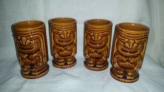 Set Of 4 Vintage Hawaiian Tiki Leilani Rum Brown Glazed Bar Mugs Cups Glasses