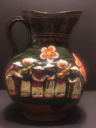 Rare Large Early Vintage Mexican Tlaquepaque Pottery Mariachi Band Pitcher
