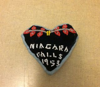 Vintage 1953 Niagara Falls Souvenir Beaded Heart Pillow Pincushion