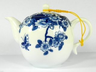 Chinese Jingdezhen Blue & White Porcelain Teapot,  Flower Butterfly Pattern,  270 Cc