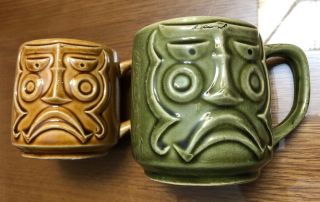 Vintage Tiki Mug Harvest Gold Olive Green 60s Barware Pair 2 Hawaii Native Face