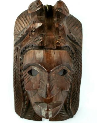 Vintage Mayan Aztec Hand Carved Wooden Totem Mask With Snakes 12 " X 8 "