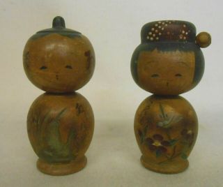 Japanese Vintage Wooden Kokeshi Nodder Doll 8cm / Camellia & Iris