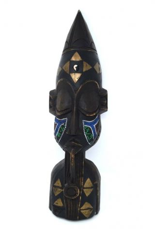 Handcrafted Wooden Mask African Beaded Brass Hand Carved Wood Tribal Art 16 "