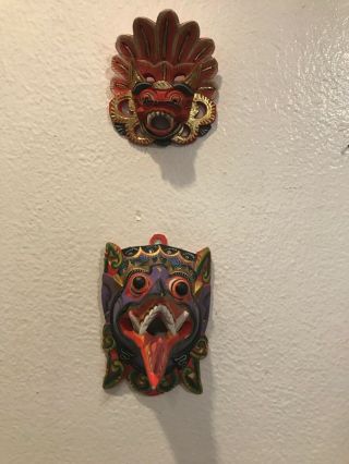 Set Of 2 Barong Bali Hand Carved Wooden Masks Wall Hangings Small Lion Dragon