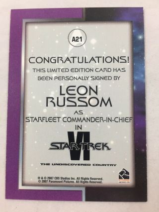 2007 Star Trek VI Rittenhouse CBS Studios Autograph Series Leon Russom Card A21 2