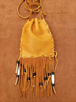 Handmade Tan Leather Deerskin Medicine Bag Pouch Black & Blue Glass Beads Fringe 8