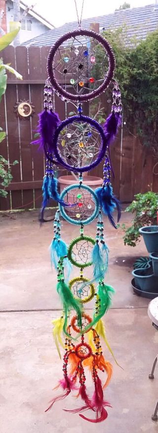 Handmade Native American Design Beaded Dreamcatcher With Chakra Feathers