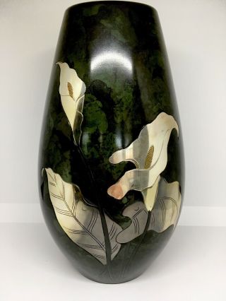 Vintage Painted Bronze Vase 9 1/2” Tall Toyo Japan Incised Silver Calla Lilly