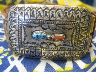 Silver Belt Buckle With Turquoise And Coral Inlay Tooled Leather Belt