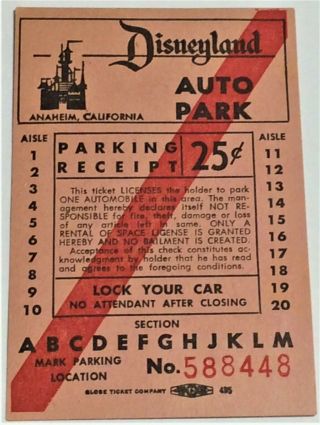 Disneyland 1950s Parking Ticket Rare With Red Stripe Note Only 20 Isles