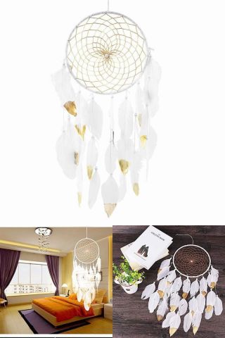 30  Large Dream Catcher White & Gold Feathers Wall Home Office Hanging Ornament