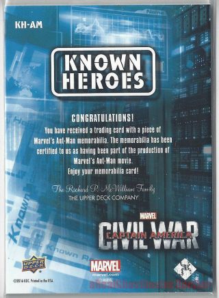 UD Captain America Civil War Known Heroes Memorabilia Card KH - AM Ant - Man Smooth 2