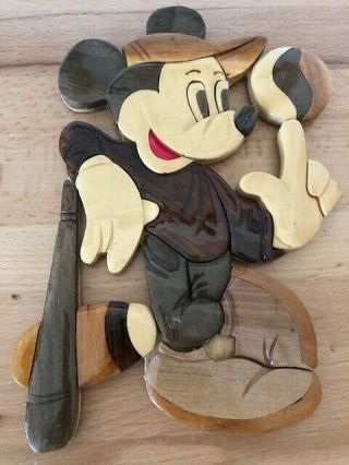 Mickey Mouse With Bat And Ball Wooden Wall Plaque 15 " Vintage