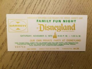 Rare 1973 Disneyland Family Fun Night Garrett Private Party Ticket Stub Anaheim