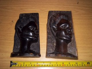 Two Antique Vintage African Womens Heads Hand Carved Lignum Vitae Wood