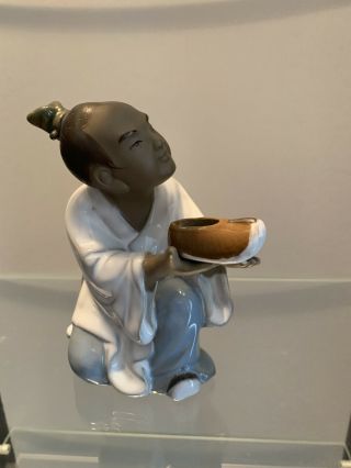 Vintage Chinese Mud Man Ceramic Figure Of Shoemaker Presenting A Shoe