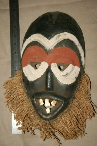 Hand Carved & Painted Wood African Face Mask Jute Beard From Kenya Folk Art