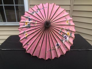 Vintage Japanese Asian Woven Paper Hand Painted Floral Parasol Umbrella