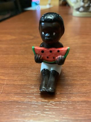 Vintage Bisque Child Boy Girl Eating Watermelon Black Americana Figurine Mini