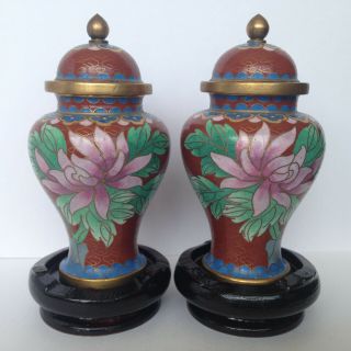 Vintage Antique Asian Chinese Cloisonne Enamel 2 Ginger Jars On Wooden Stands