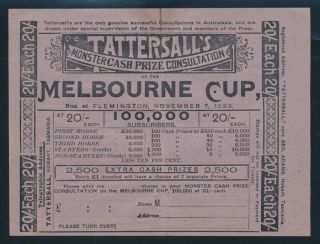 Australia: Horse Racing 1899 £1 Tattersall Rare " Melbourne Cup " Sweep,  Brochure