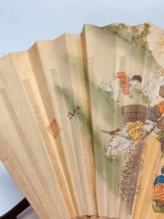 Vintage Hand Painted Japanese Fan People Party 8
