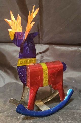 Vintage Mexican Tin Folk Art Rocking Horse Deer 3d - 7 "