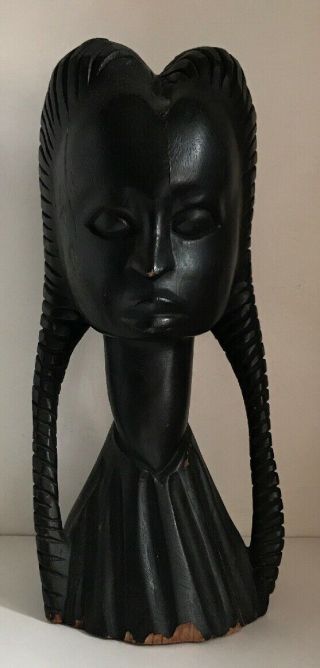 Antique African Art Wood Carving Ebony Woman Head Bust With Braids Painted Black