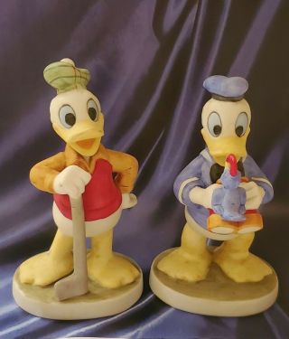 Walt Disney Productions Donald Duck Painted Porcelain Figurine Pair Set Vintage