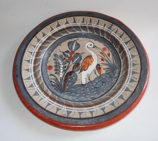 Vintage Tonala Mexico Burnished Plate - Mexican Folk Art - Heron - Cactus - 9.  5 " Dia