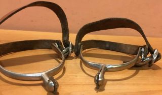 Cool Vintage Never Rust Silver Spurs W/ Leather Straps /made In England