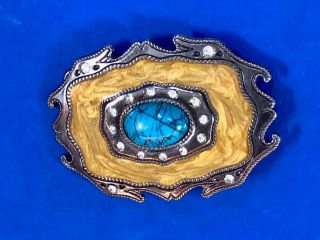 Western Belt Buckle With Real Or Faux Blue Stone And Rhinestones Centerpiece