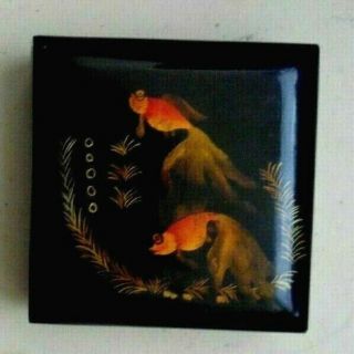 Vintage Japanese Black Lacquer Ware Square Box Hand Painted Goldfish Koi