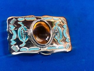 Silver And Blue Colored Western Belt Buckle - Real Or Faux Stone Centerpiece
