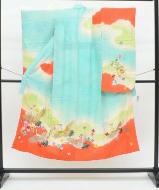 Vintage Japanese Kimono Wedding silk Girl crane 13nfuji18615 2