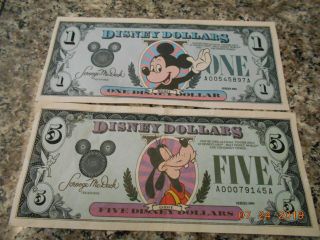 Disney Dollars 1989 2 Bills A One Dollar And A Five Dollar Bill Not