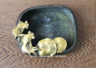 China Chinese Dynasty Palace Bronze Gilt Barracuda Goldfish Lotus Leaf Ashtray