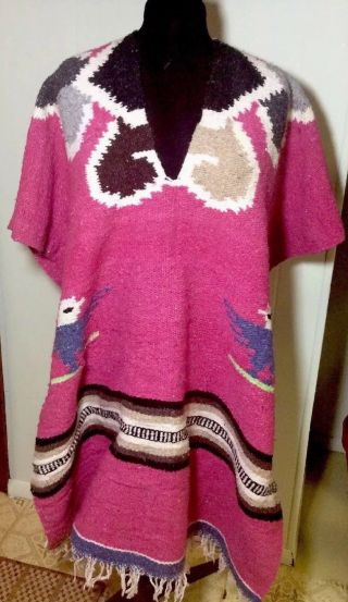 Vintage Mexican Cape Poncho Blanket Pink Blue White Fringed Navajo 72 X 36