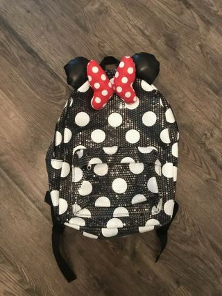 Disney Parks Minnie Mouse Sequin Color Black/white Polka Dot Backpack With Bow