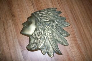 Vintage Brass Indian Chief Head Head Dress Wall Plaque Large / Heavy 11 " Wide