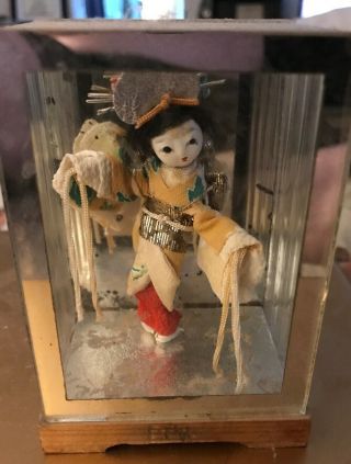 Very Small Japanese Geisha Doll In Case Miniature Tea Garden Souvenir