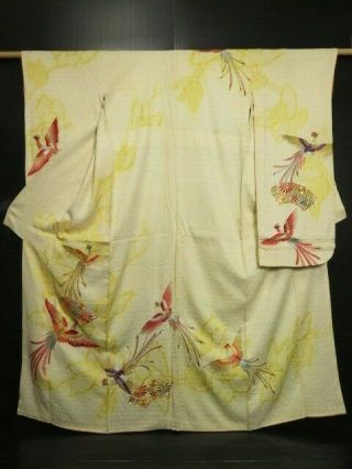 0720s01z1190 Vintage Japanese Kimono Silk Furisode Light Yellow Phoenix