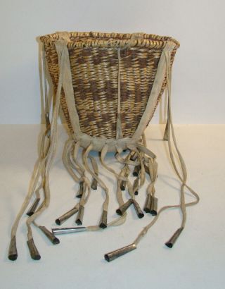 Antique Native American Indian 7 1/2 " Woven Basket With Leather & Jingles